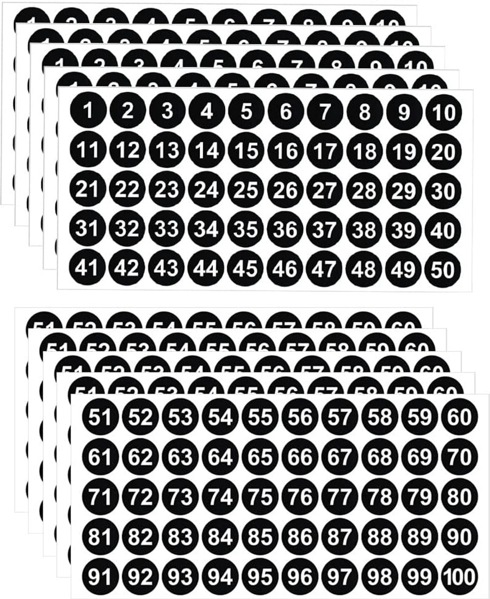 Genummerde Cijferstickers 1-100, Set van 5 Rollen, Ronde Zelfklevende Etiketten 25mm
