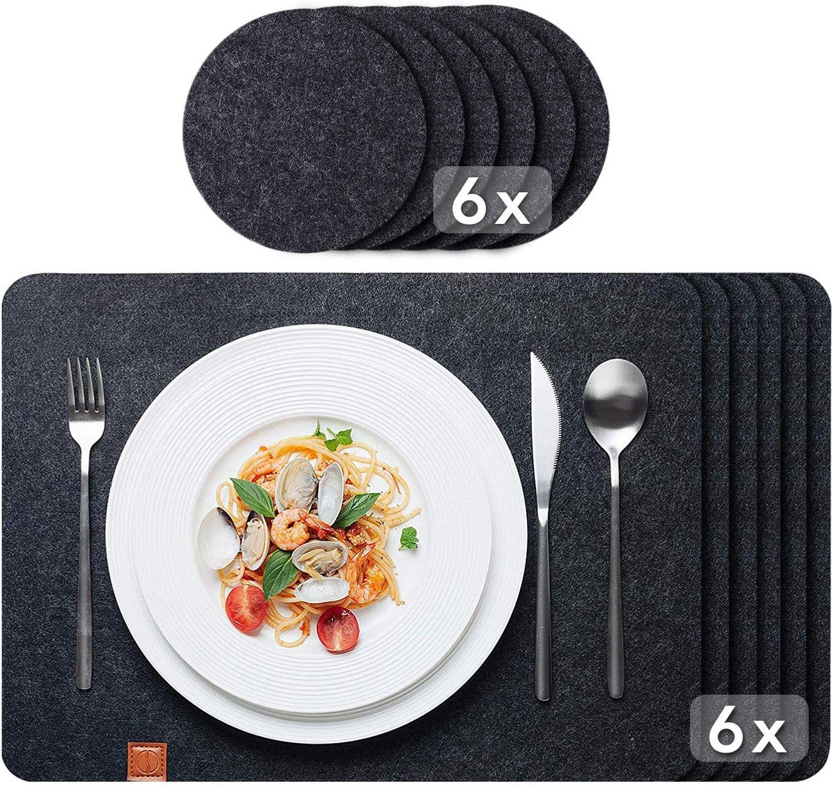 Set van 12 Antraciet Vilten Placemats en Onderzetters - Afwasbaar en Veegschoon