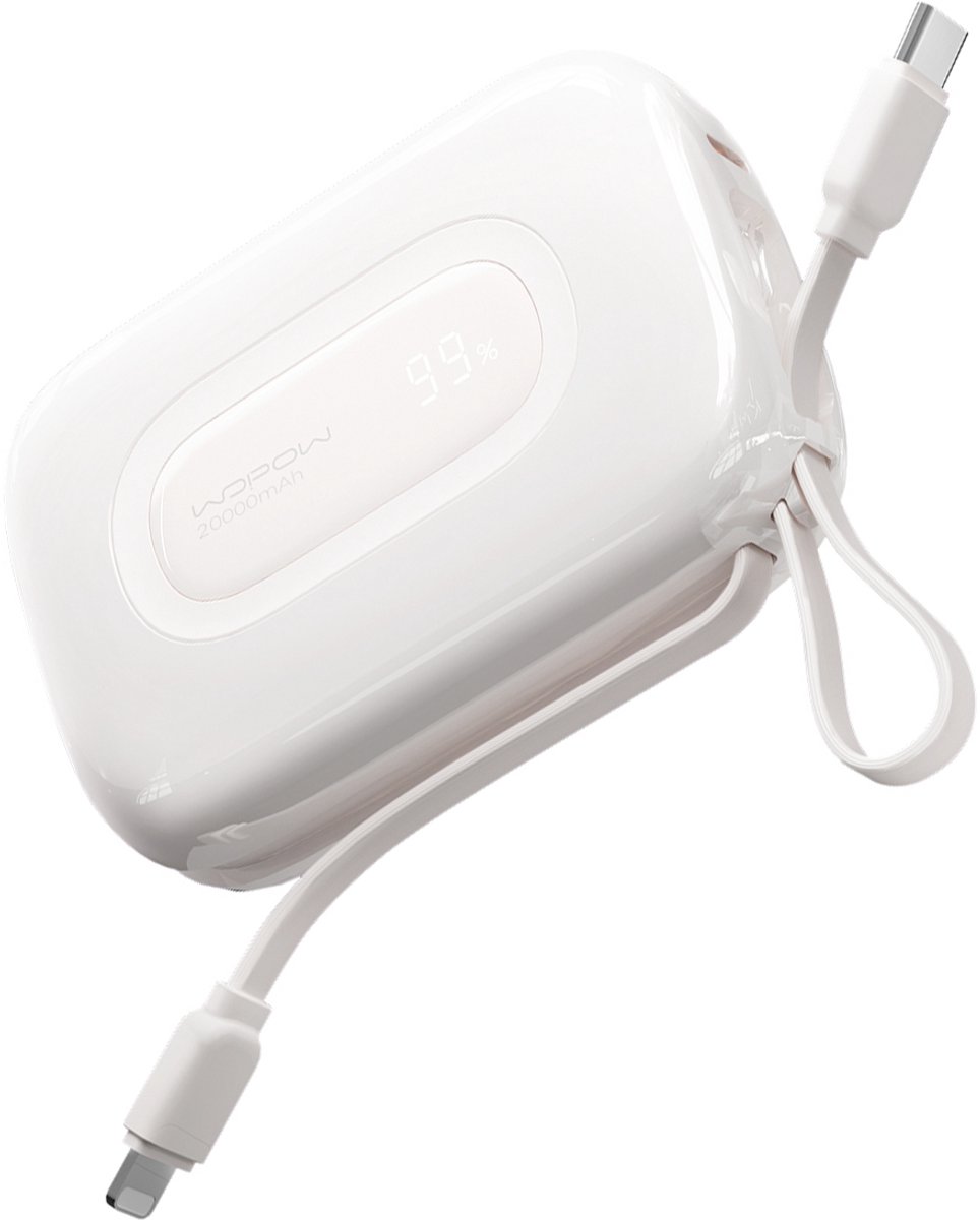 Wopow Powerbank met ingebouwde USB-C & Lightning Kabels, SQ73, 20.000mah, 22.5W, Wit, 6933185739998