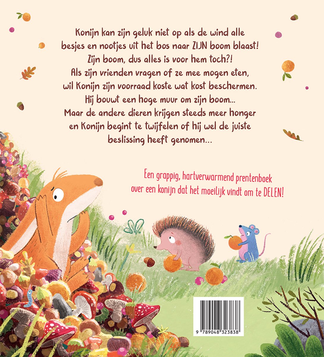Boek rug met illustratie van een konijn, egel en muis in een bosrijke omgeving.