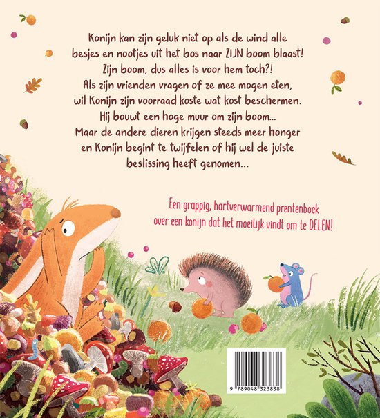 Boek rug met illustratie van een konijn, egel en muis in een bosrijke omgeving.
