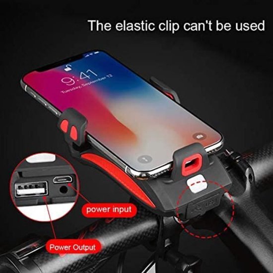 Deze 4-in-1 fietstelefoonhouder integreert een LED-fietslamp, USB-oplader en luidspreker, en is geschikt voor smartphones met een schermdiagonaal van 4 tot 6,3 inch. — afbeelding 3