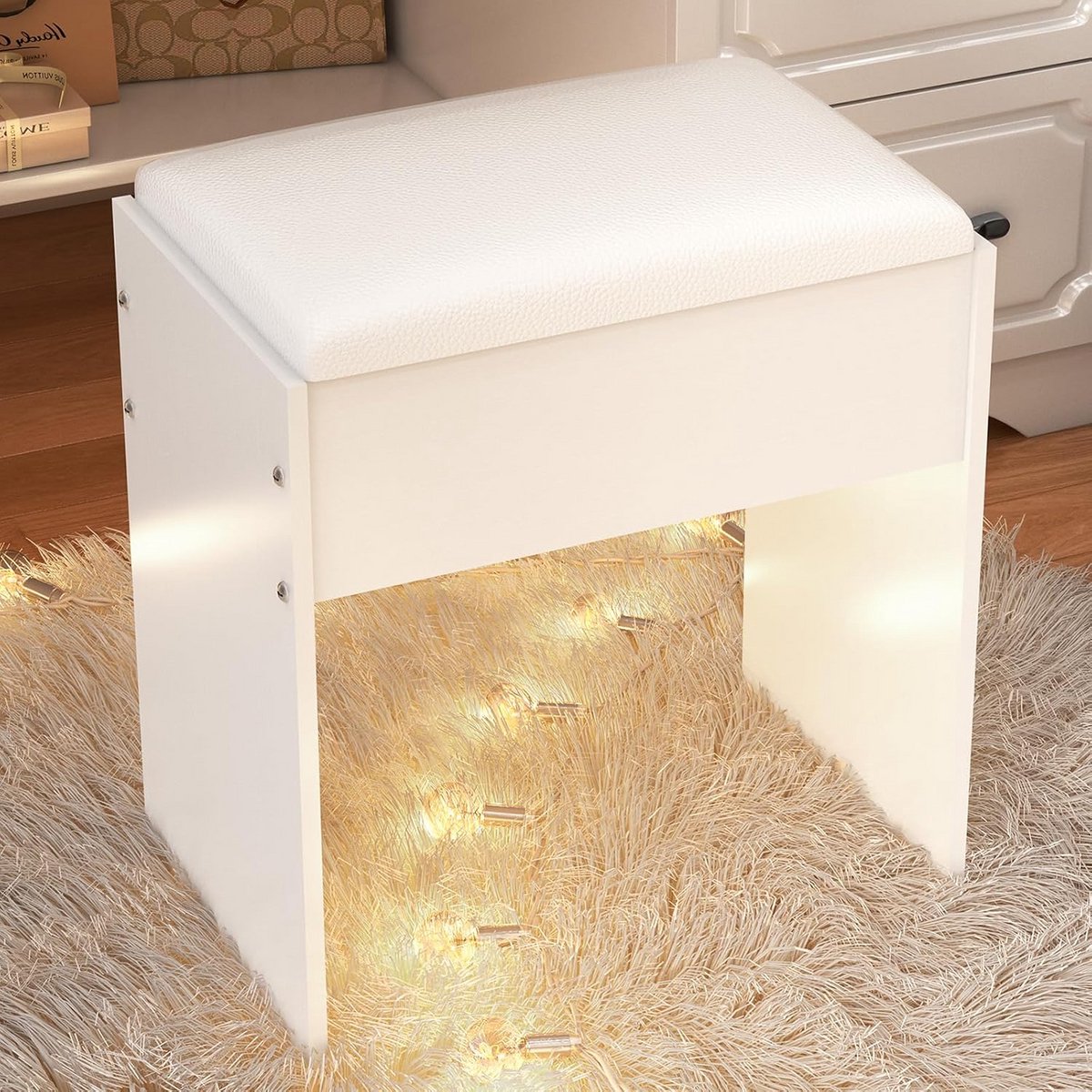 Witte Houten Make-up Kruk met Bekleed Zitvlak - Compact Tafelkrukje voor Slaapkamer