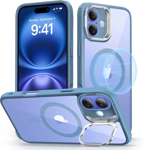 Coque ESR pour Apple iPhone 16 - Classic Hybrid HaloLock - Compatible MagSafe / Qi2 et ESR HaloLock - Coque arrière avec support - Béquille pour appareil photo - Blauw transparent
