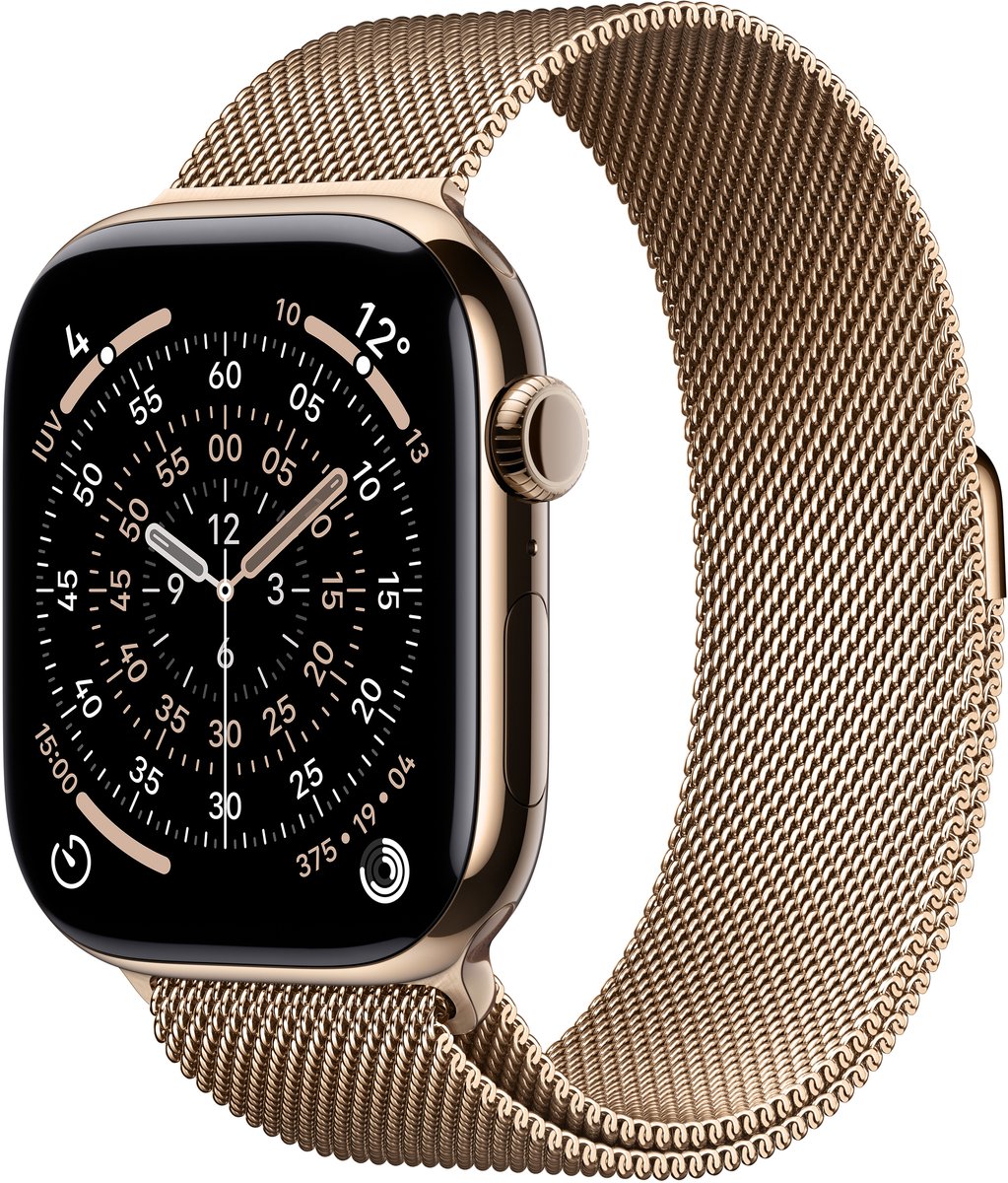 Apple Watch Series 11 GPS + Cellular 46 mm goud titanium kast met gouden Milanese band - M/L
