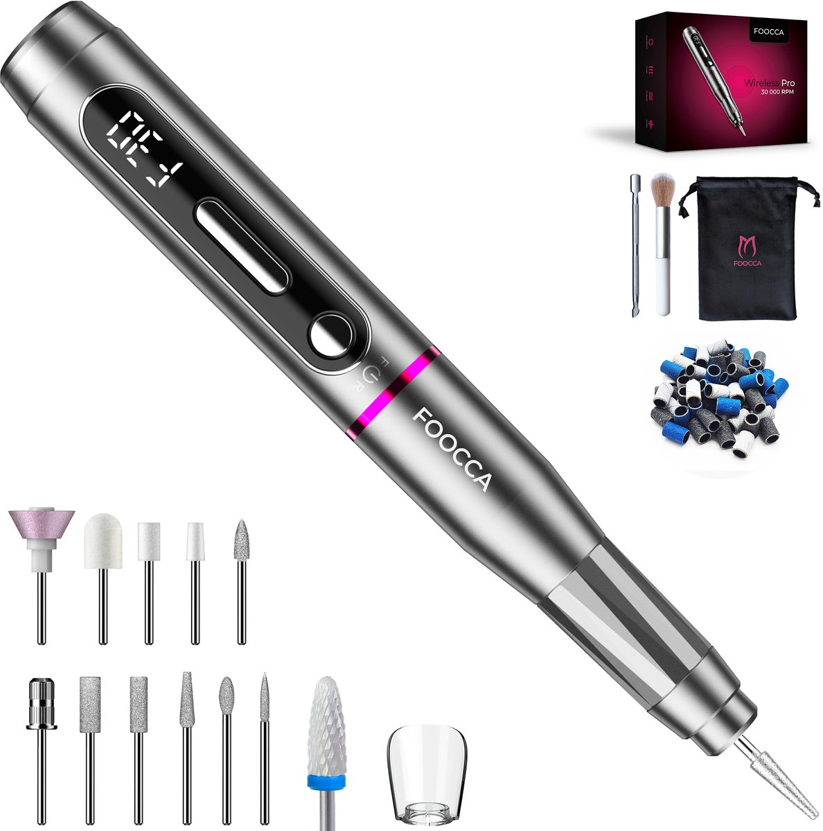 FOOCCA® Draadloze Elektrische Nagelvijl - Nagelfrees 30000 RPM - Oplaadbaar - Wireless Pro - 12 Bitjes + 65 Schuurrolletjes + 3 Accessoires - Nagelstofkap - Manicure en Pedicure Set - Ergonomische Aluminium Behuizing - Eeltverwijderaar - Kalknagel
