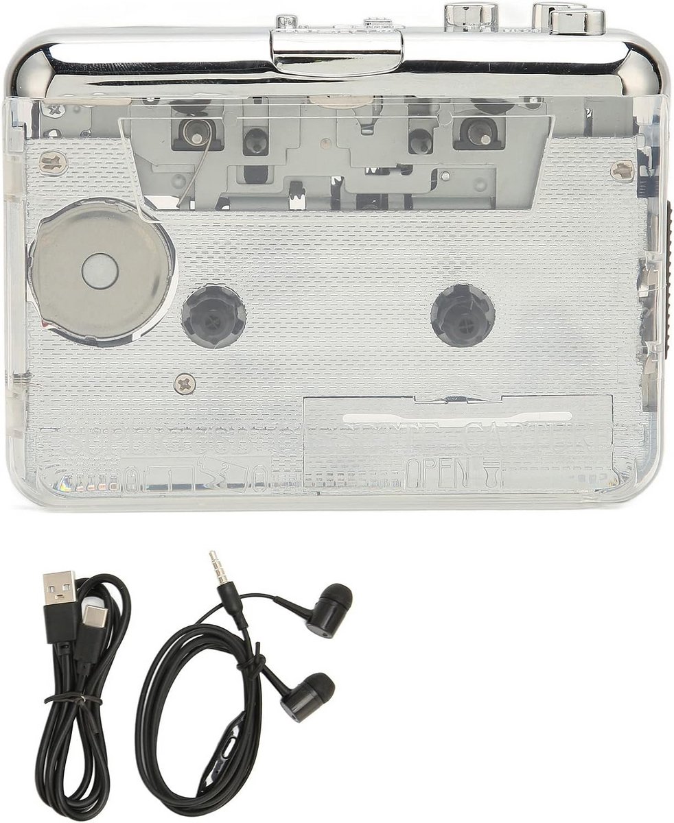 Transparante Cassettespeler naar MP3 Converter met USB-C en Koptelefoonuitgang