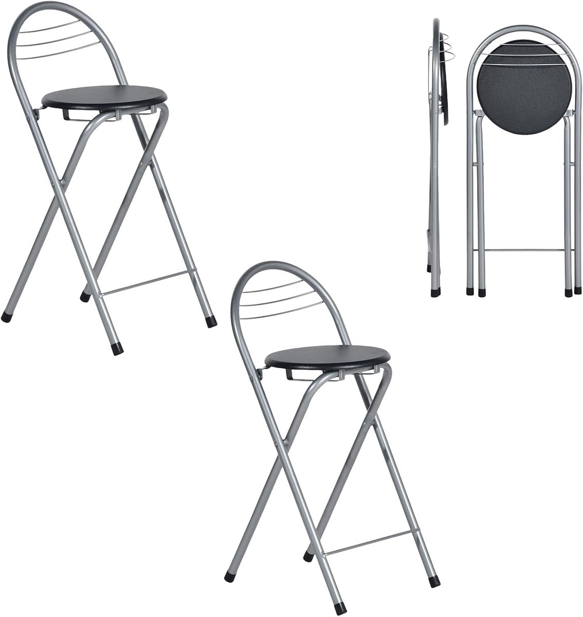 Set van 2 Opvouwbare Barkrukken Zithoogte 61 cm Zwart en Zilver