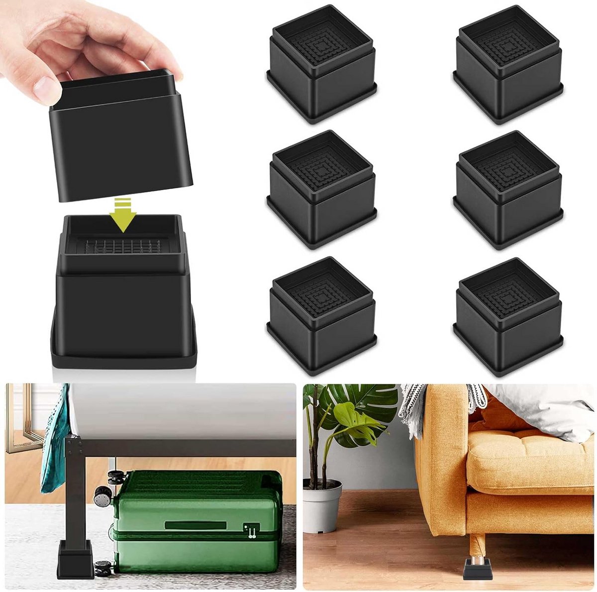 Set van 6 Verstelbare Meubelverhogers Zwart 6cm Vierkant Stapelbaar