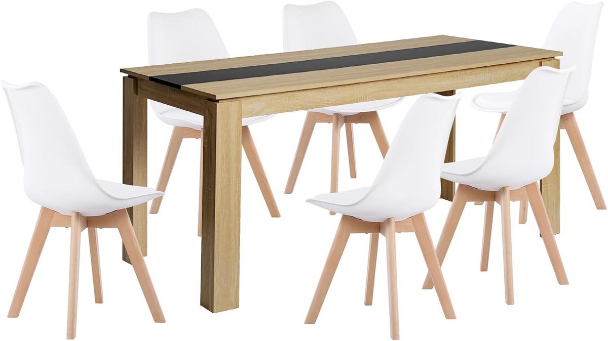 Eetkamerset Rechthoekige Houten Tafel (160 cm) met 6 Moderne Stoelen