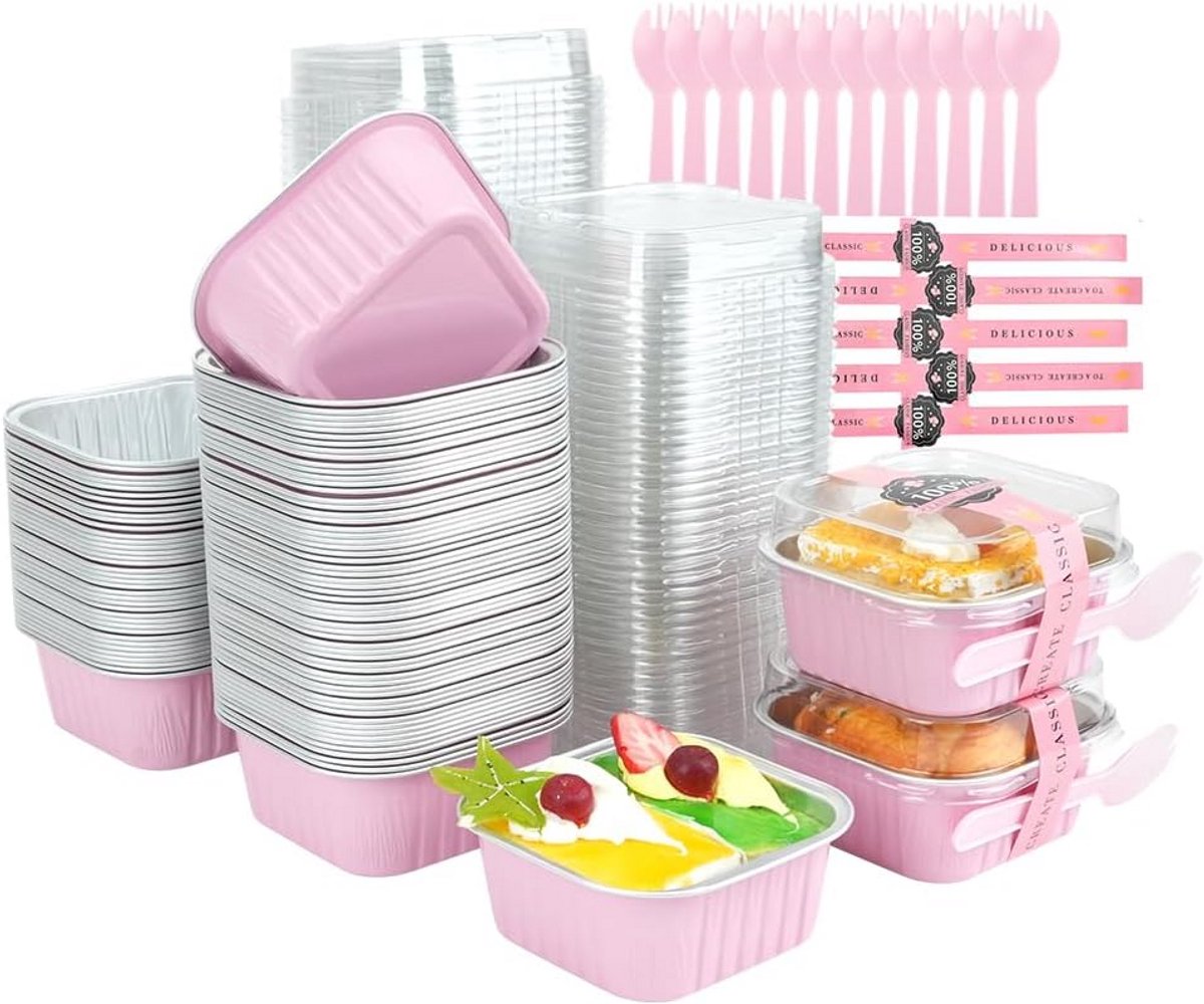 100 Vierkante Aluminium Taartvormpjes met Deksel, Ideaal voor Cupcakes en Gebakjes