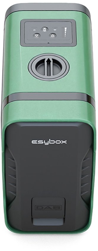 Groene en zwarte DAB Esybox, van bovenaf gezien met display.