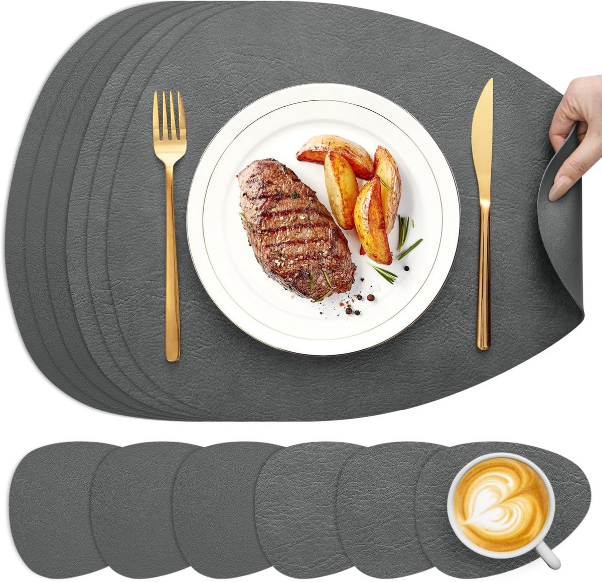 Set van 6 Ovale, Dubbelzijdige Placemats - Afwasbaar Kunstleer Grijs
