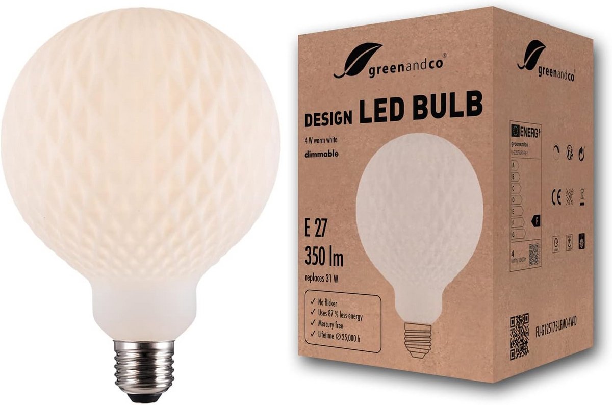 Dimbare Vintage LED Lamp E27 G125 Opaal Kristal 4W Warm Wit 3000K