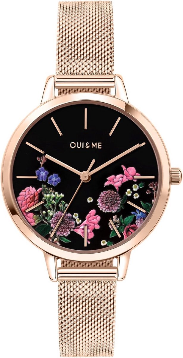 Dameshorloge Roségoud 34mm Zwarte Wijzerplaat Verwisselbare Rosé Milanese Band Waterdicht