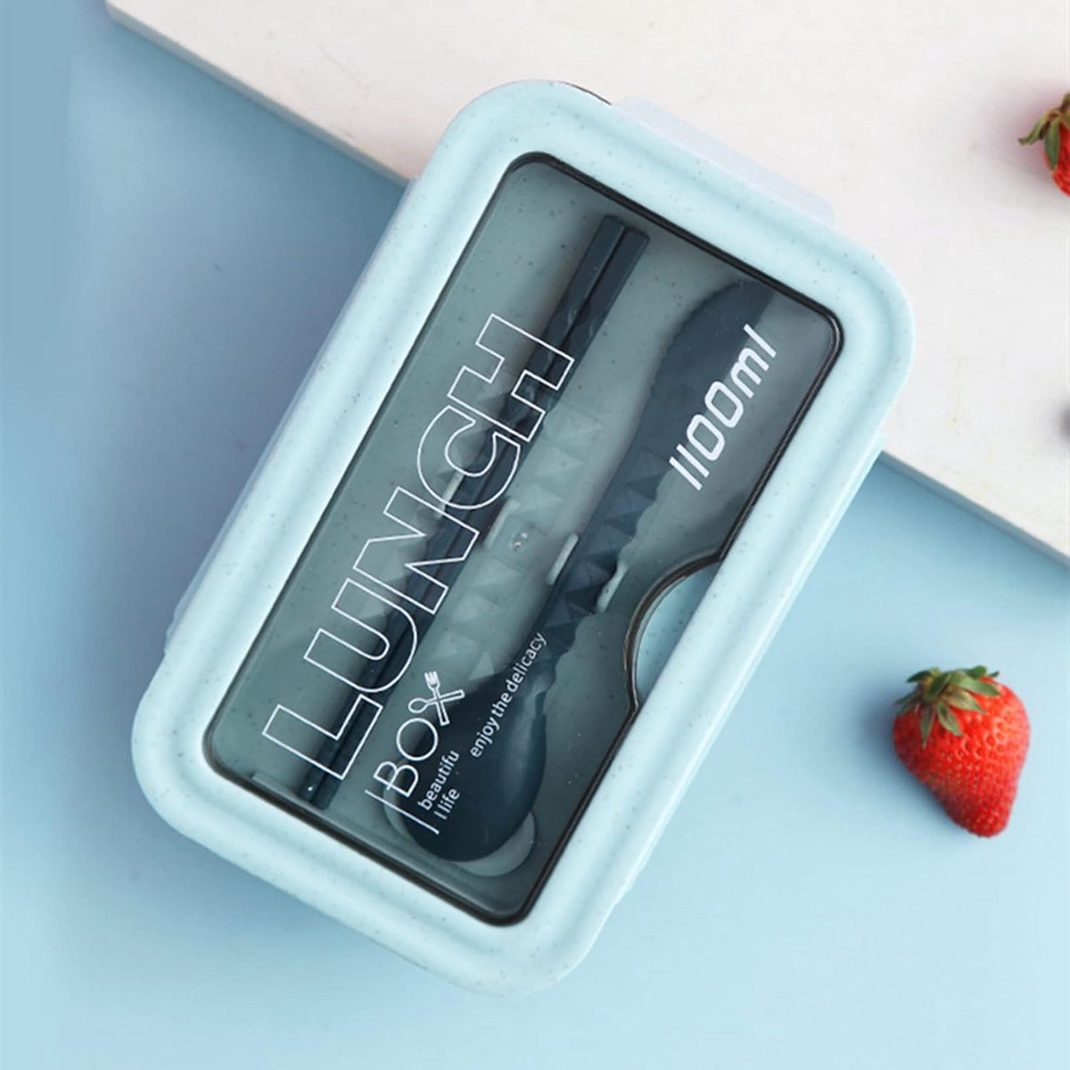 Lekvrije Bento Box Lunchbox Rechthoekig Lichtblauw Met Lepel & Eetstokjes
