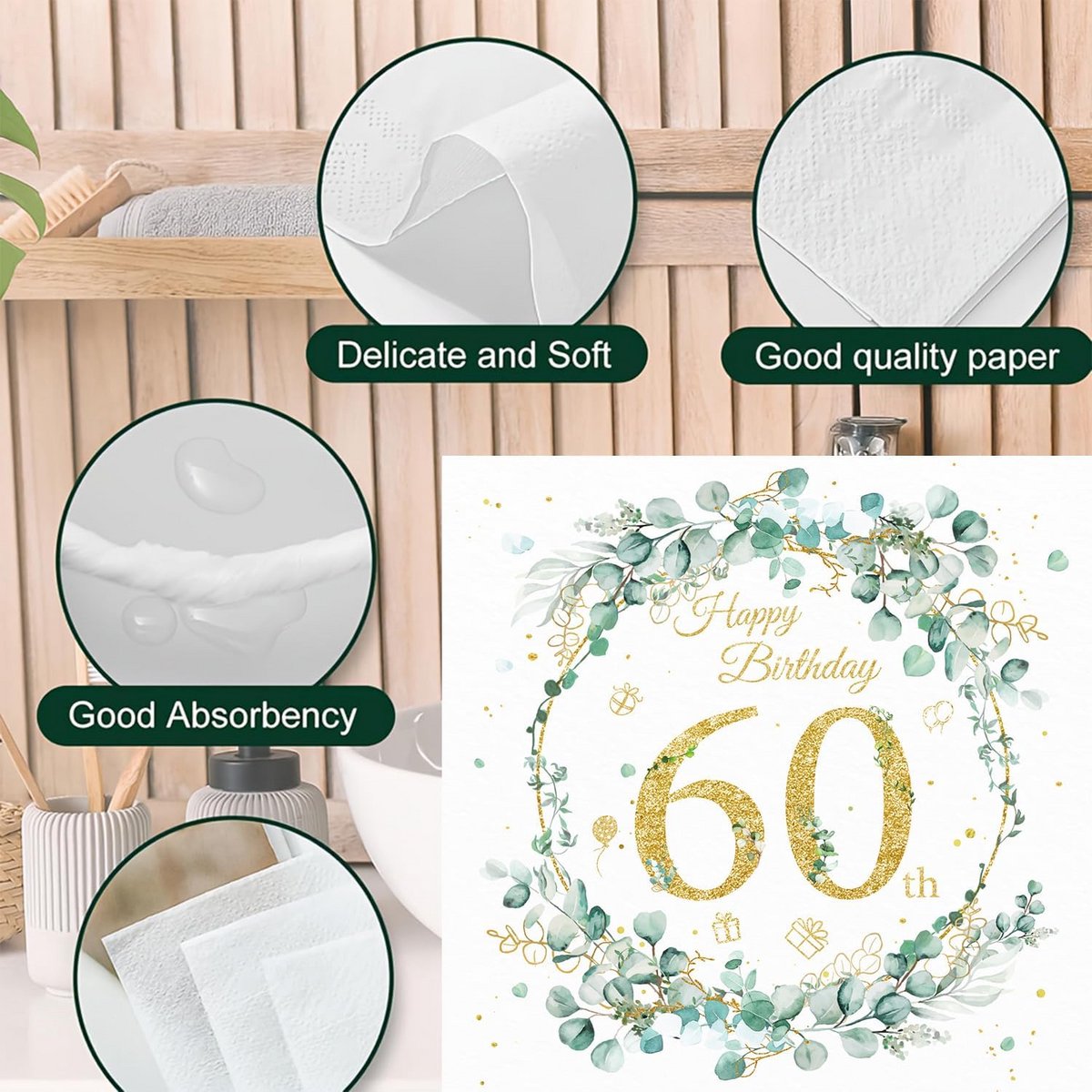Servetten 60e Verjaardag Eucalyptus Groen - 40 Stuks Feestdecoratie