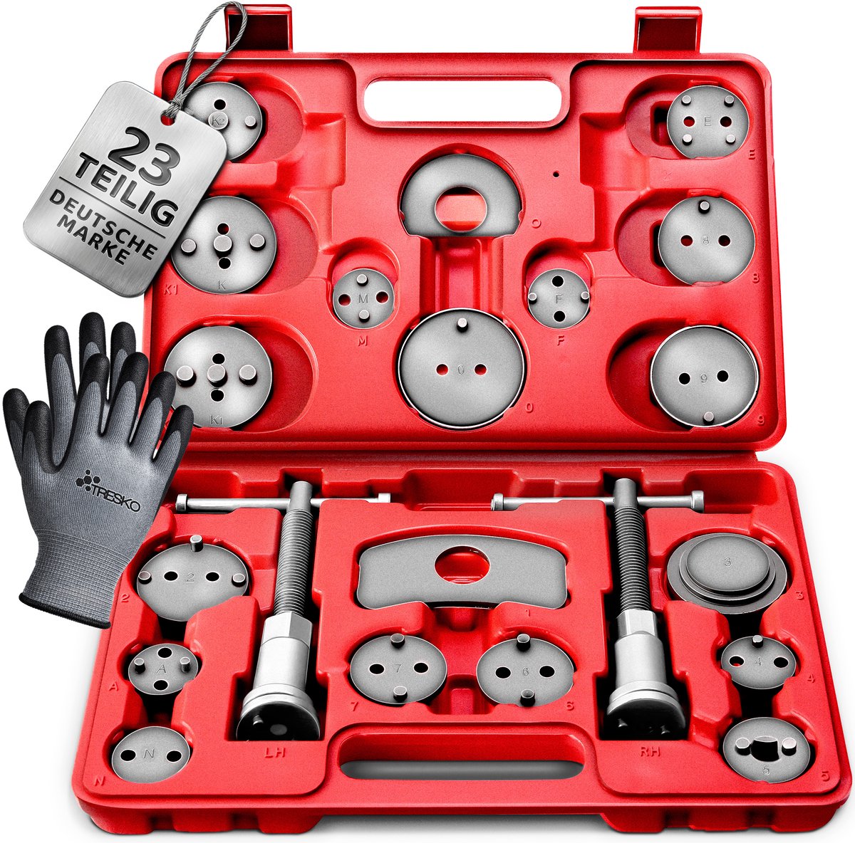 TRESKO® 23-delige set remzuigerterugsteller terugsteller remklauw incl. handschoenen voor het terugstellen van de remzuiger bij vervanging van remschijven, schoenen of -blokken, universeel