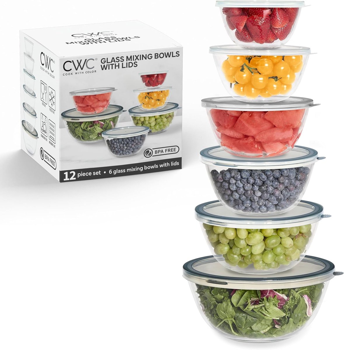 Glazen Mengkom Set - Keukenkommen Bakkommen - Koken Bakken Voedselbereiding - Vaatwasser Magnetronbestendig - 17.8B x 30.5H cm - Grijs