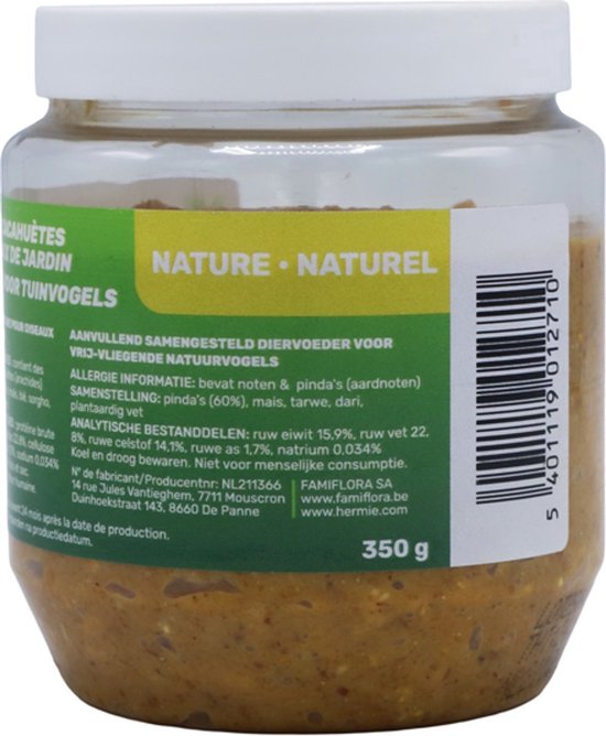 Pot famiflora vogelpindakaas, 350g. Groen label met tekst 'Nature. Natuurlijk' en analyse van de ingrediënten.