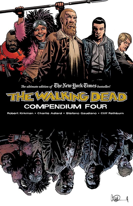 The Walking Dead Compendium Four, met 5 zombiekop-afbeeldingen onderaan en 5 personen bovenaan.