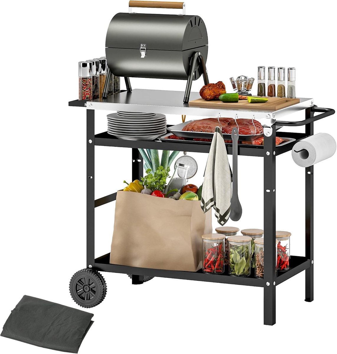 Buitenkeuken Trolley - BBQ Station - Buiten Koken - Verstelbare Plank - 100x52x80 cm - Zwart