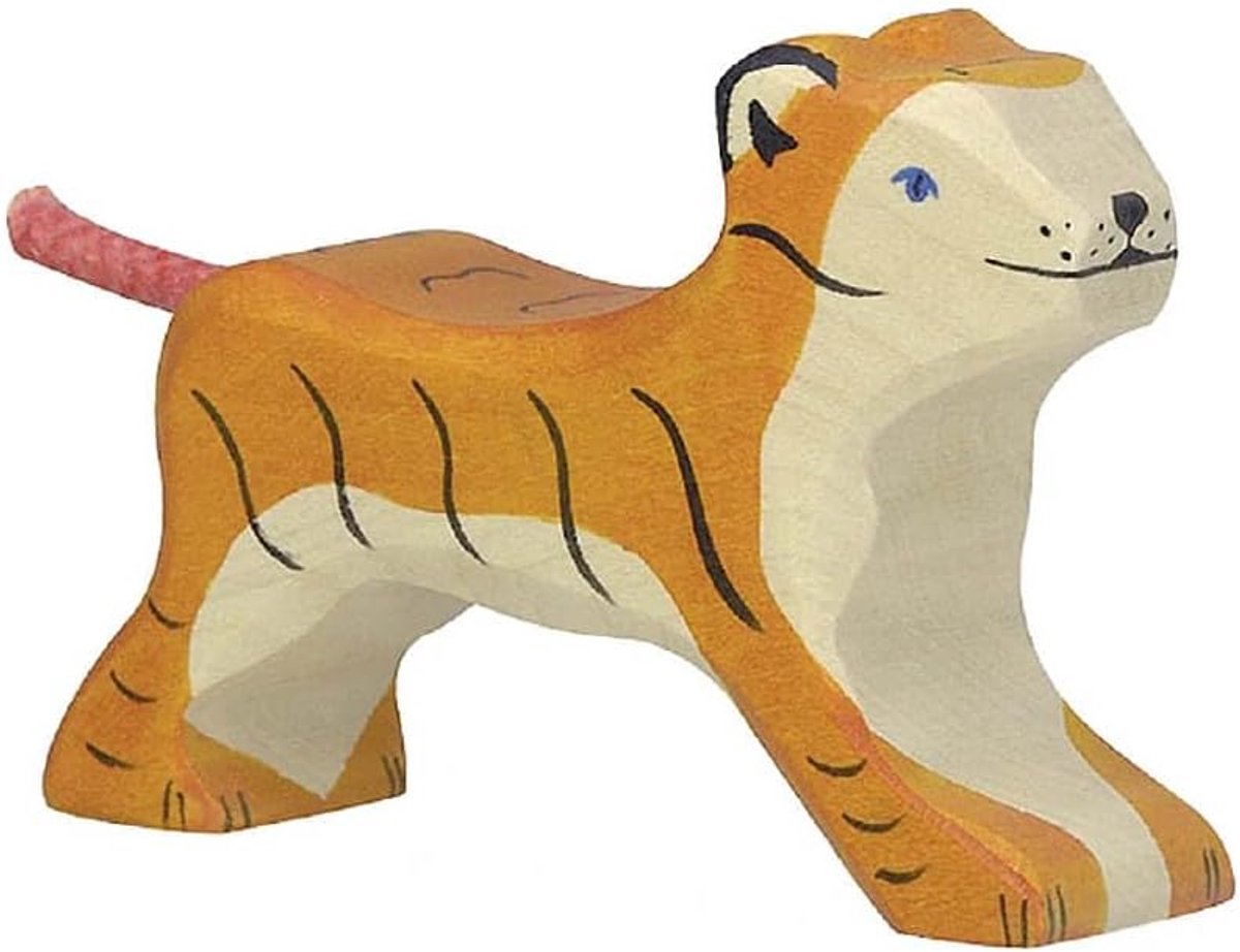 Rennende Houten Tijger - Speelfiguur Dier - Fantasiespel Stimuleren - Massief Houten Speelgoed - 10x2.3x7 cm - Oranje