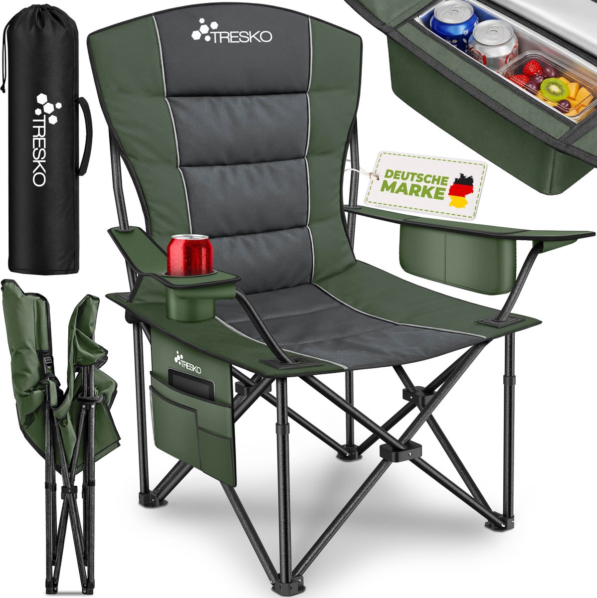 TRESKO® Campingstoel Opvouwbaar tot 150 kg | Visstoel Klapstoel met Armleuningen & Bekerhouder | Gepolsterde Tuinstoel met Draagtas | Lichtgewicht Buitenstoel voor Camping Festival Vissen Tuin