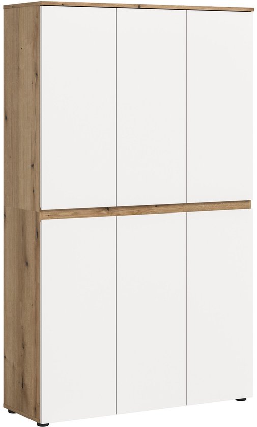 Gesloten kast met 6 witte deuren en houten zijkanten, op witte pootjes.