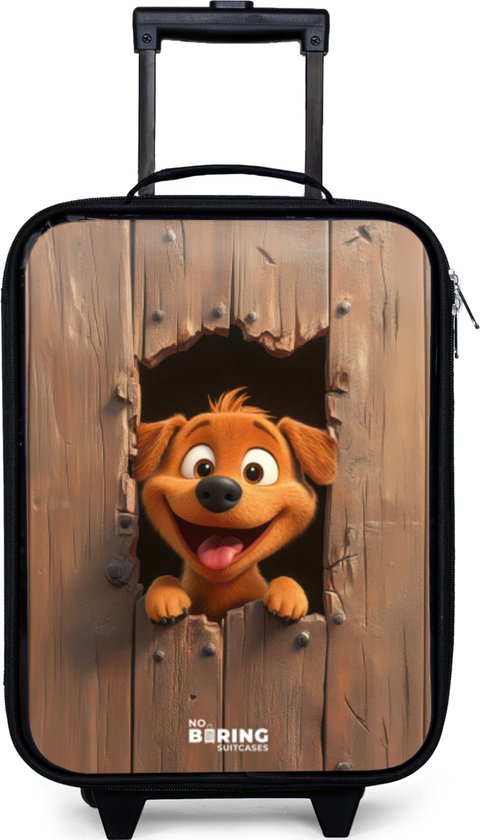 Zwarte kindertrolley met uitschuifbaar handvat en opdruk van een vrolijke hond die door kapot houten hek kijkt.