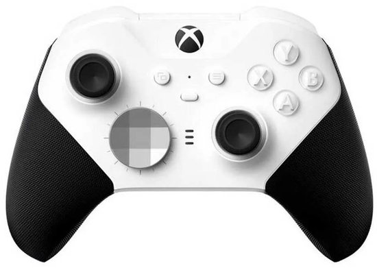 Xbox Elite Series 2 controller met witte bovenkant, zwarte handgrepen en gedetailleerde knoppen.