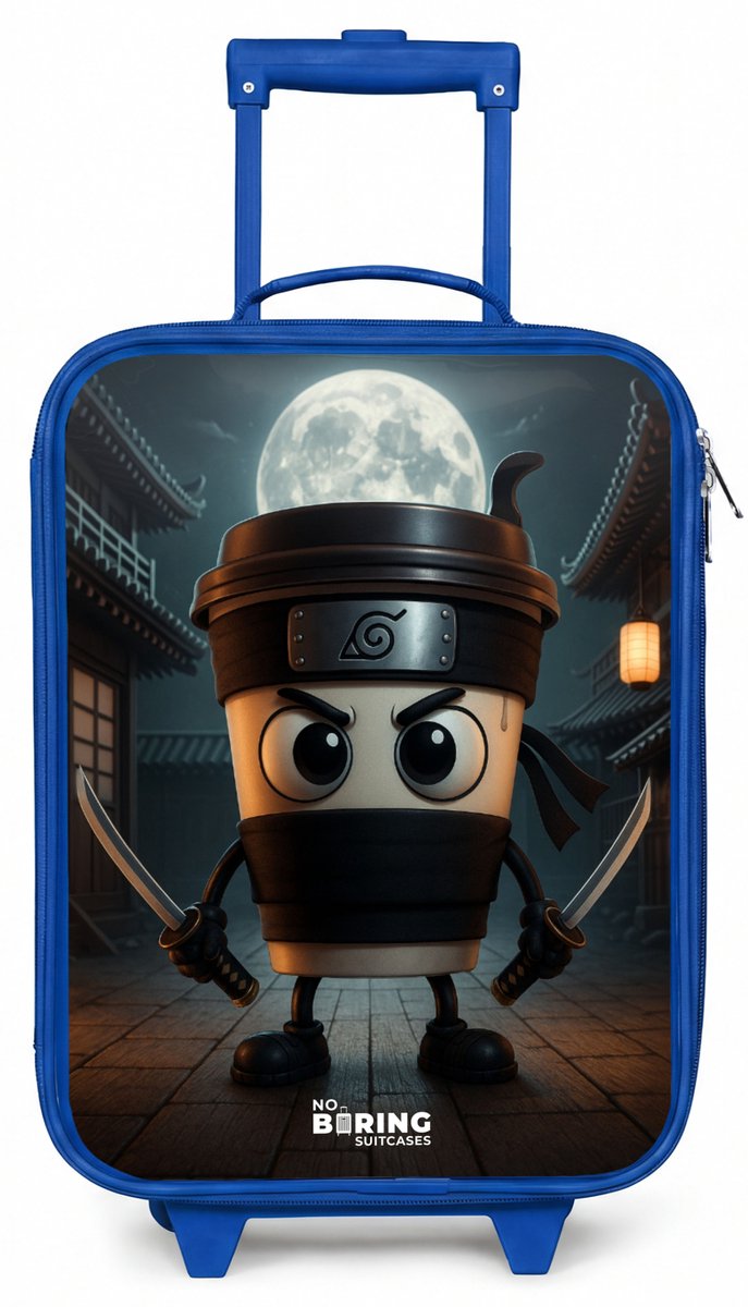 NoBoringSuitcases.com® - Kinderkoffer blauw - Kindertrolley jongen - Capuchino Assassino - Koffer kind lichtgewicht - Reiskoffer trolley voor kinderen - Koffertje met lichtgevende wieltjes - Rolkoffer