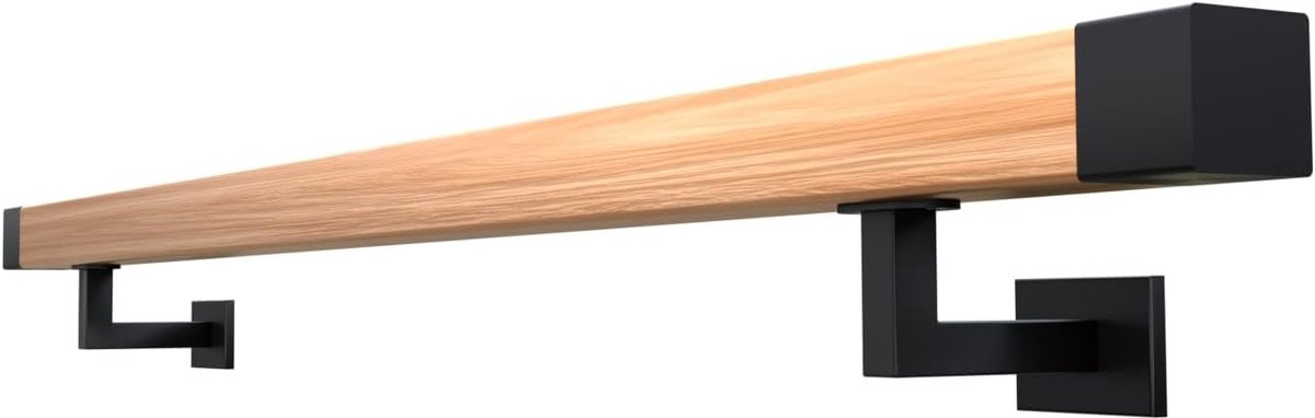 Houten trapleuning - Vierkante leuning - Veilig traplopen - Natuurlijk geolied eiken - 40x40 150cm - Zwart staal