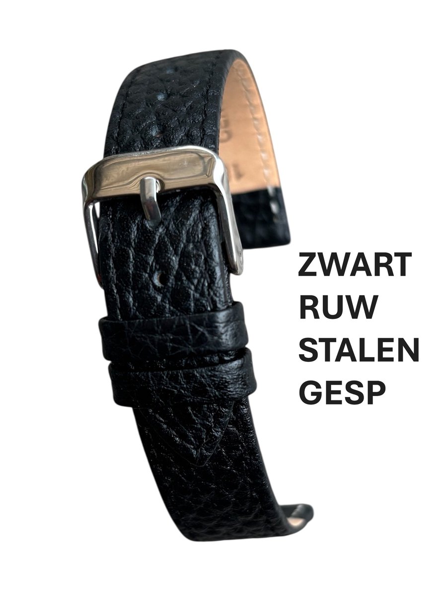 Horlogeband-horlogebandje-22mm-ruw echt leer-zacht-mat-soft-plat-zwart-stalen gesp-leer-22 mm