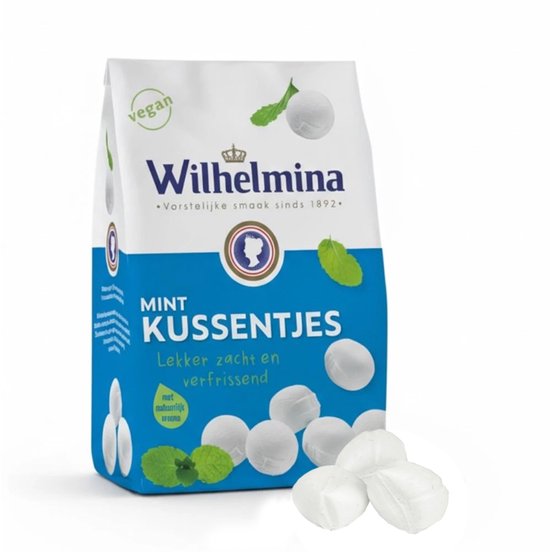 Wilhelmina Mint Kussentjes. Lekker zacht en verfrissend, met natuurlijke aroma. Vegan.