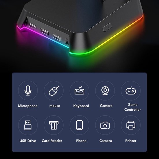 Hoofdtelefoon Standaard - Gaming Accessoire - Bureau Organisatie - Geïntegreerde USB Hub - 30 x 21 x 7 cm - Zwart — afbeelding 5