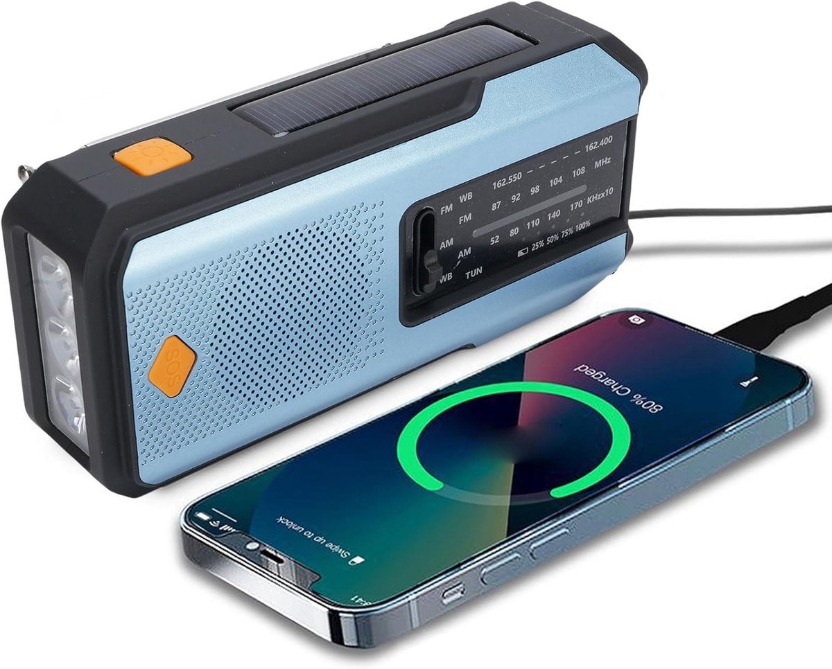 Noodradio met Zaklamp - Draagbare Radio - Kamperen en Noodgevallen - Meerdere Oplaadopties - 19 x 10 x 5 cm