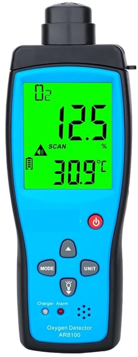 Luchtkwaliteitsmeter - Zuurstofmeter Gasdetector - Veiligheid Thuis Kantoor - Dubbel Alarm Instelbaar - 112x66x32 mm - Zwart Blauw