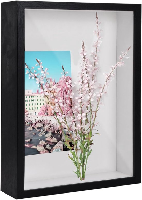 3D-schaduwdoos – 3D-fotolijst – Diepe lijst – Vitrinekastje – Voor tafel en wandmontage – A4-formaat – 5 cm diep – MDF – Zwart