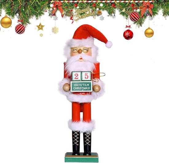 Foto: Houten kerstman figuur kerstdecoratie tafel feestelijke versiering met aftelkalender 38 centimeter hoog