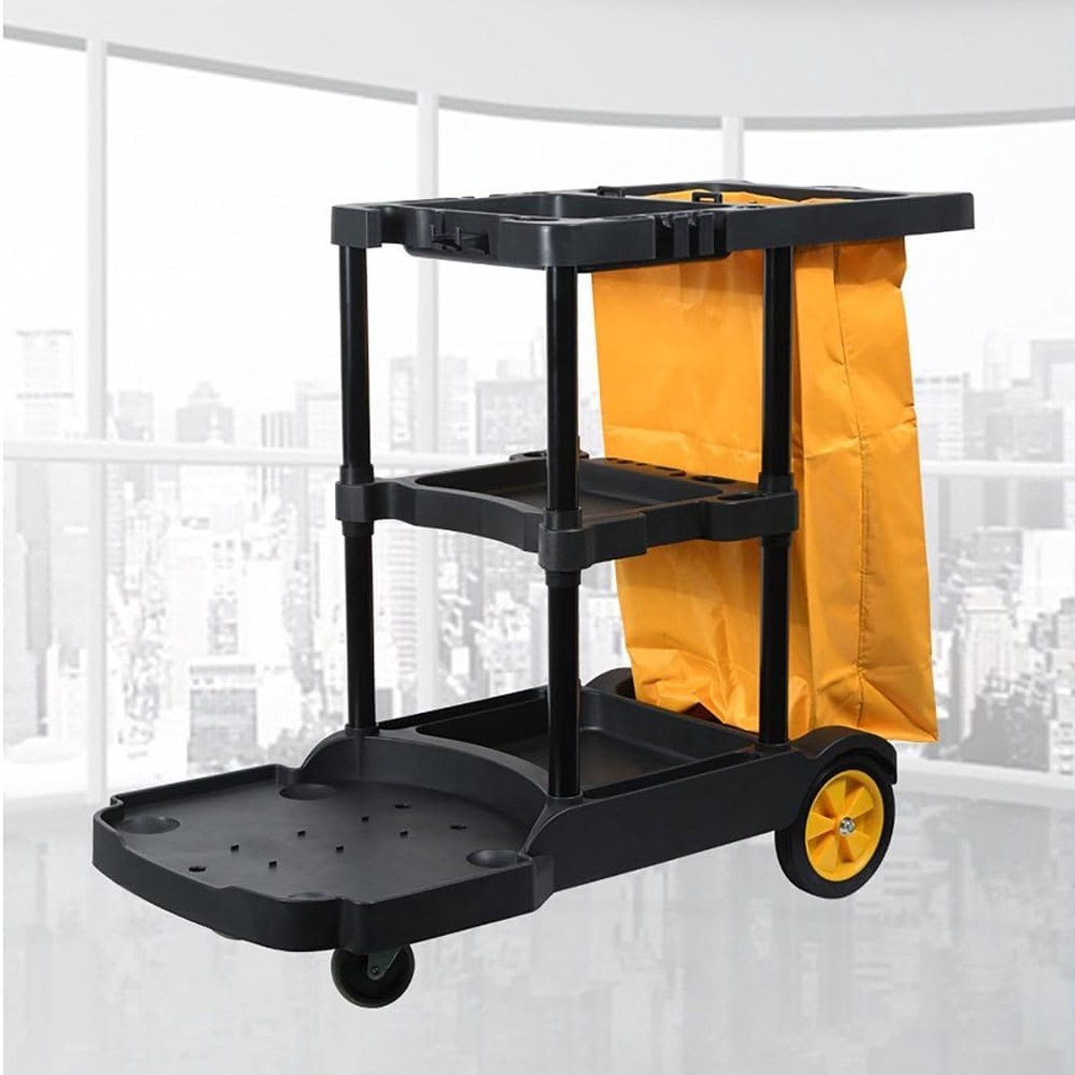 Schoonmaakwagen - Reinigingstrolley - Professioneel Gebruik - Drie Niveaus - Met Tas - Zwart