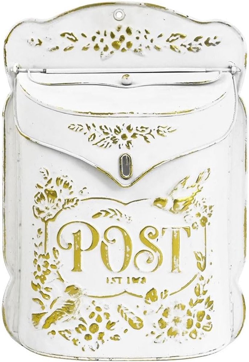 Smeedijzeren brievenbus - Postbak Muur - Buitenpost Ontvangen - Charmant Elegant Ontwerp - 27.5x9.5x39.5cm - Wit Goud
