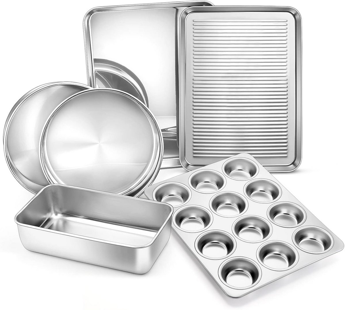 6-Delige RVS Bakvormen Set - Inclusief Cakevorm, Broodvorm, Muffinbakvorm en Bakplaat