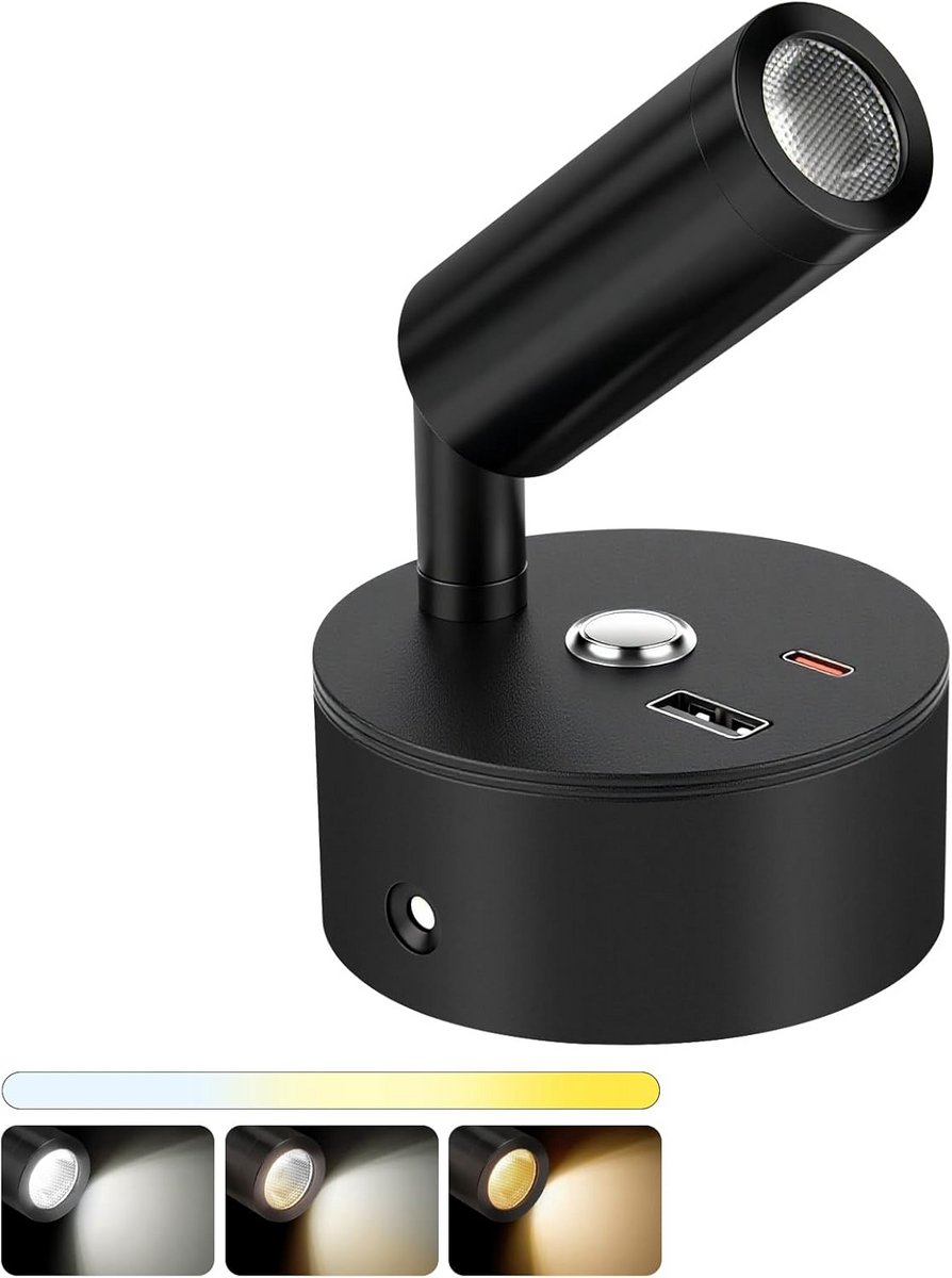 Dimbare 12V LED Leeslamp voor Wandmontage met USB en Type-C Oplaadpoorten