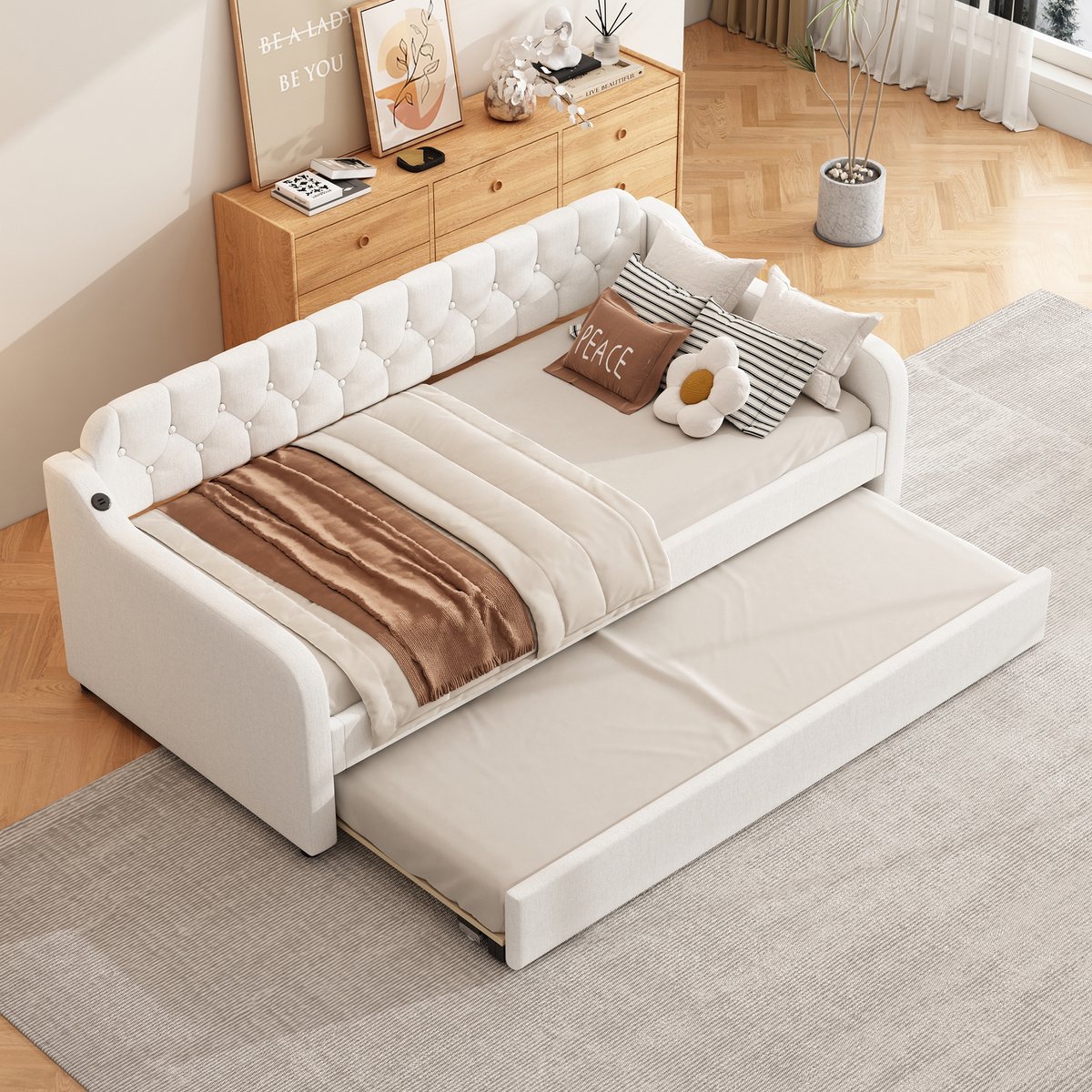 FloraGrace Slaapbank 90x200cm – Uitklapbaar Bed Met Uitschuifbaar Onderbed – Met Usb Oplaadpunt – Zonder Matras – Linnen – Beige