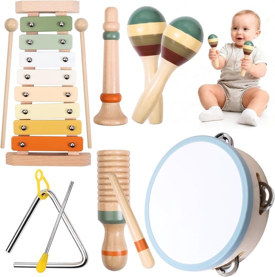 Houten Muziekinstrumenten Set voor Kinderen - 6-in-1 Montessori Speelgoed - Inclusief Xylofoon & Tamboerijn - Educatief Cadeau Baby 1-3 Jaar - Neutraal