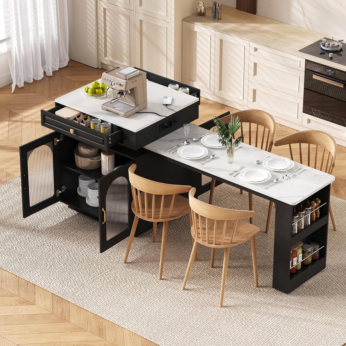 Verrijdbaar Keukeneiland met Uitschuifbare Eettafel en Opbergruimte