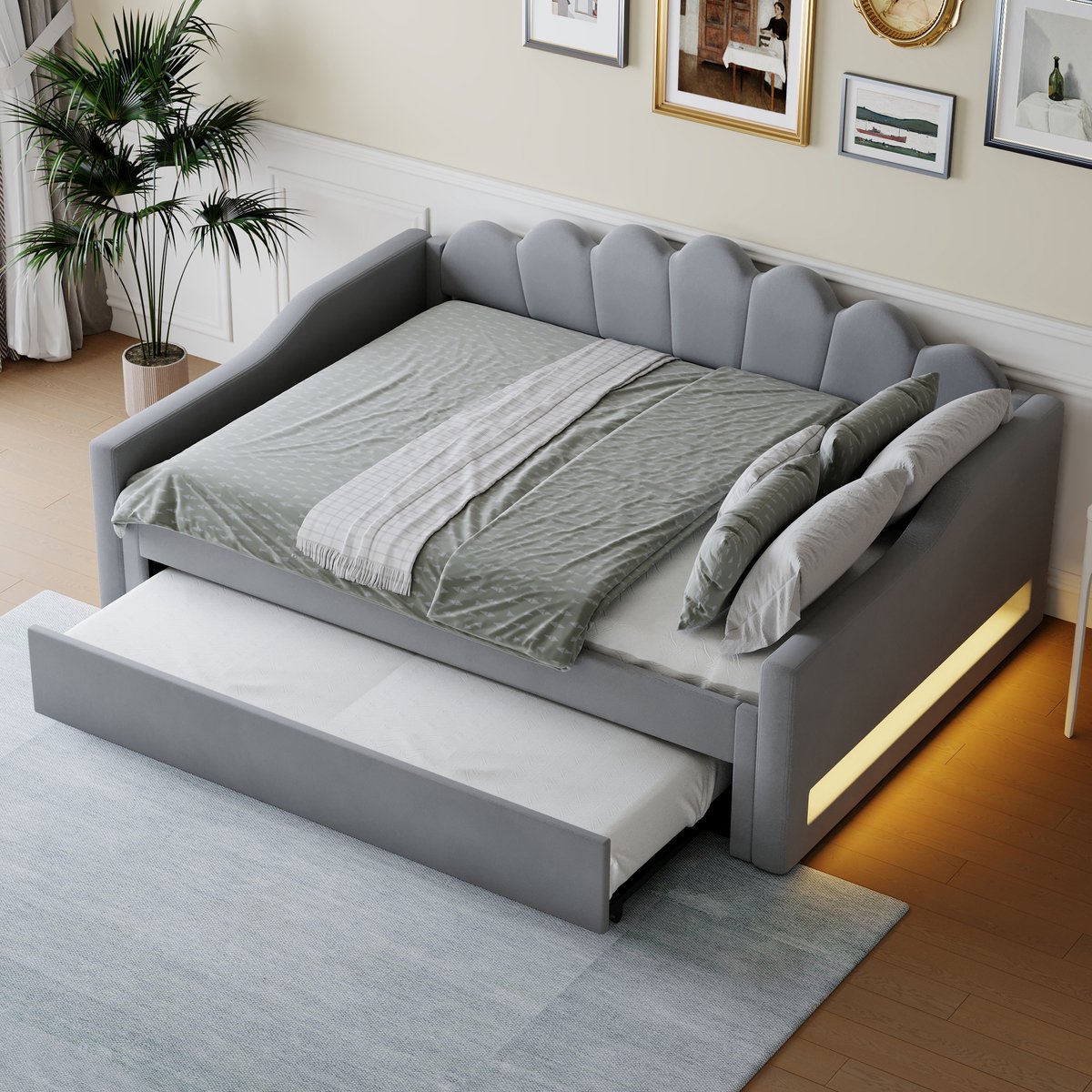 MODFU Bedframe 140x200 cm – Grijs linnen met uitschuifbed & LED – Daybed