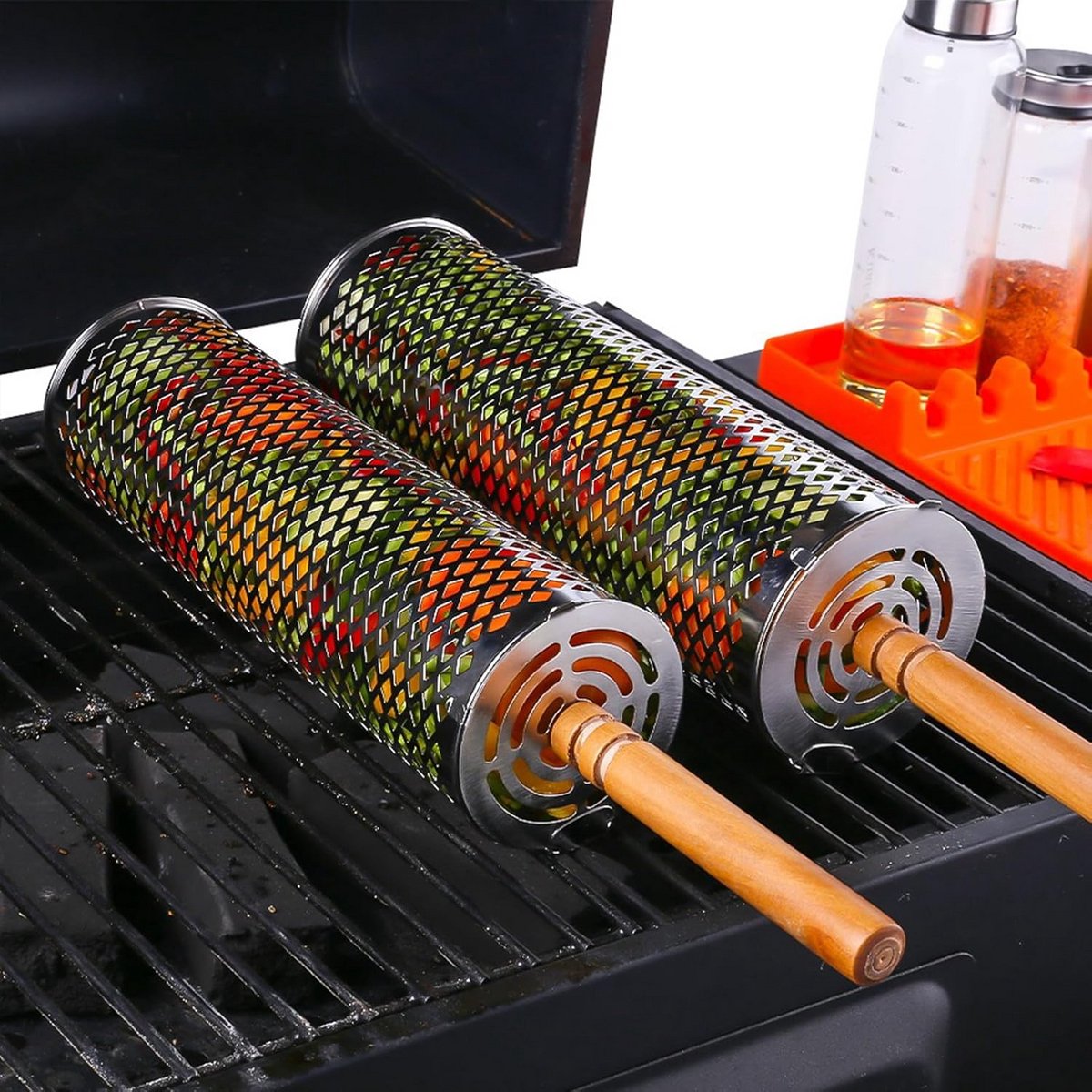 2x Roterende Grillmanden RVS met Houten Handvat voor BBQ en Kamperen