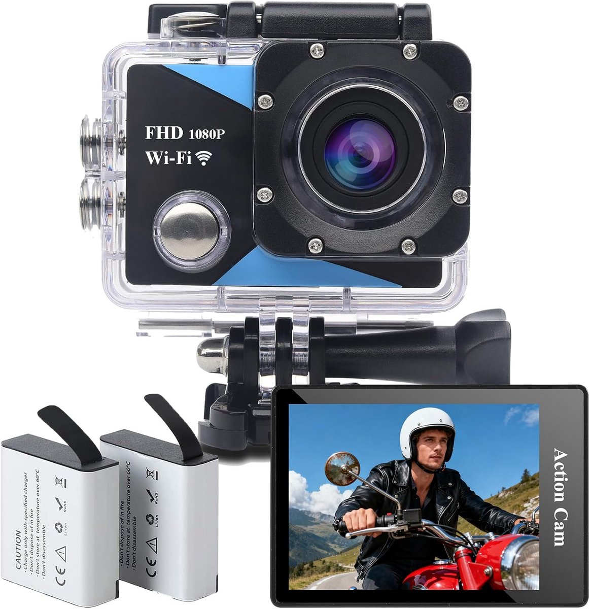 Waterdichte Actiecamera FHD 1080P met Wifi, 2 Batterijen en Accessoires